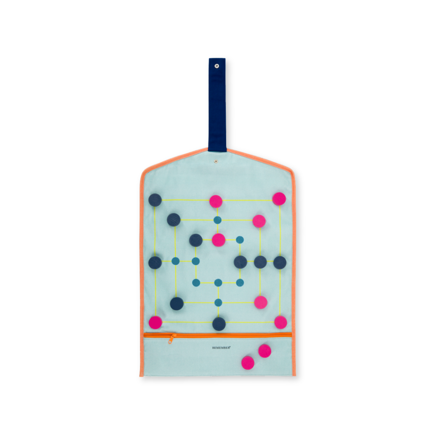 Colorful dot-patterned portable game board with a blue strap on a white background