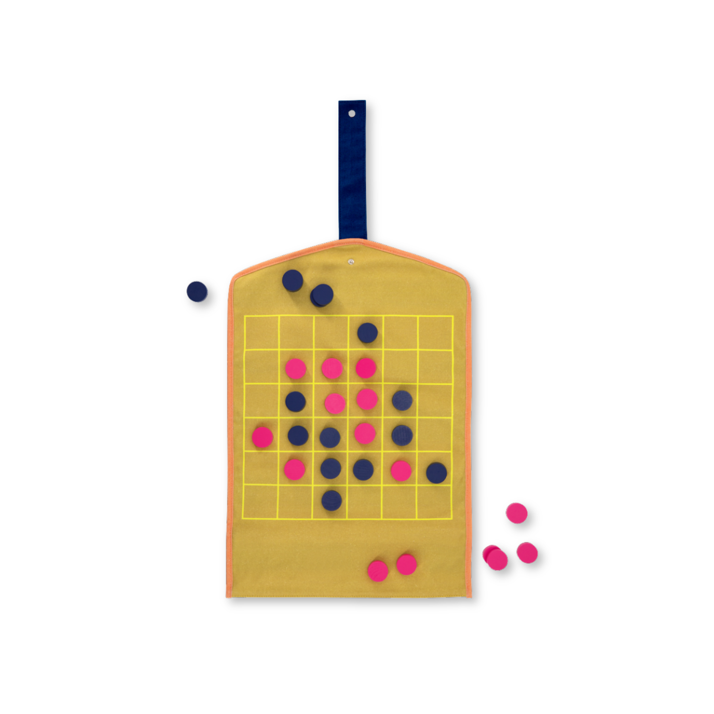 Yellow go board with black and pink stones on a white background