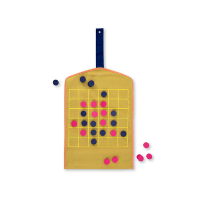 Yellow go board with black and pink stones on a white background