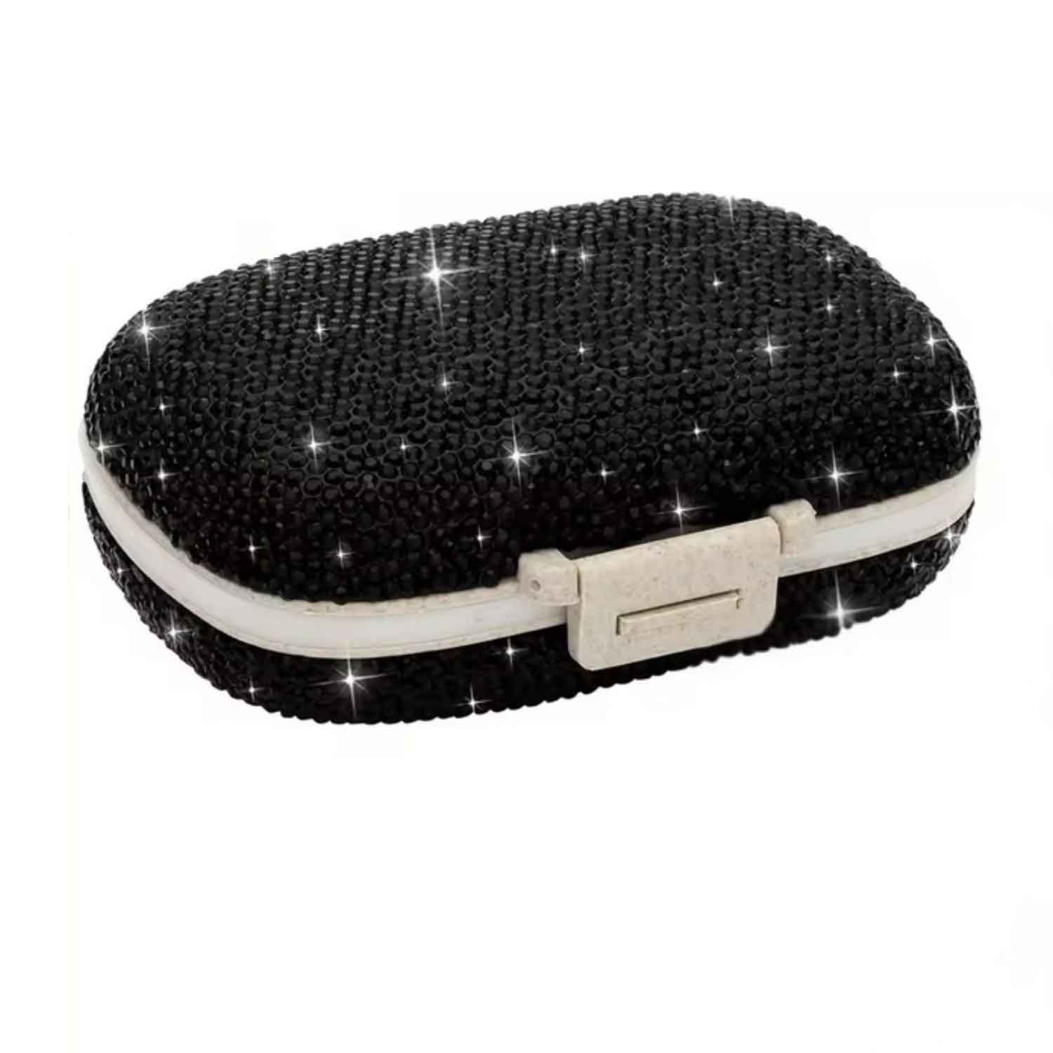 Closed black rhinestone pillbox with sparkling crystal finish