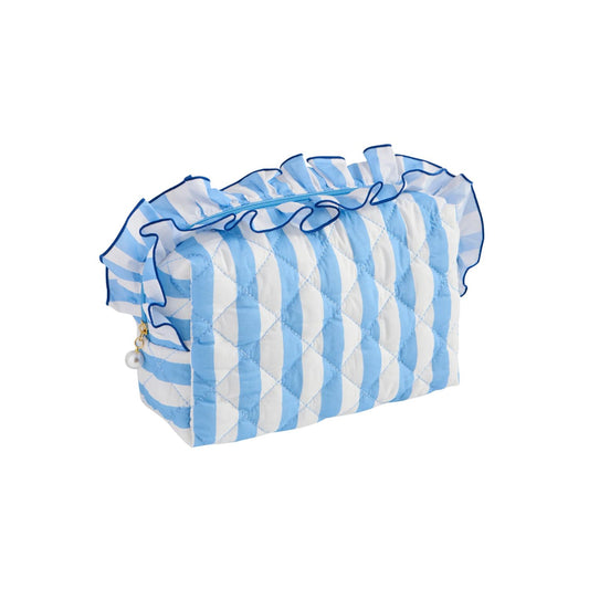 A light blue and white striped quilted cosmetic pouch with a ruffled top trim, shown on a plain white background.