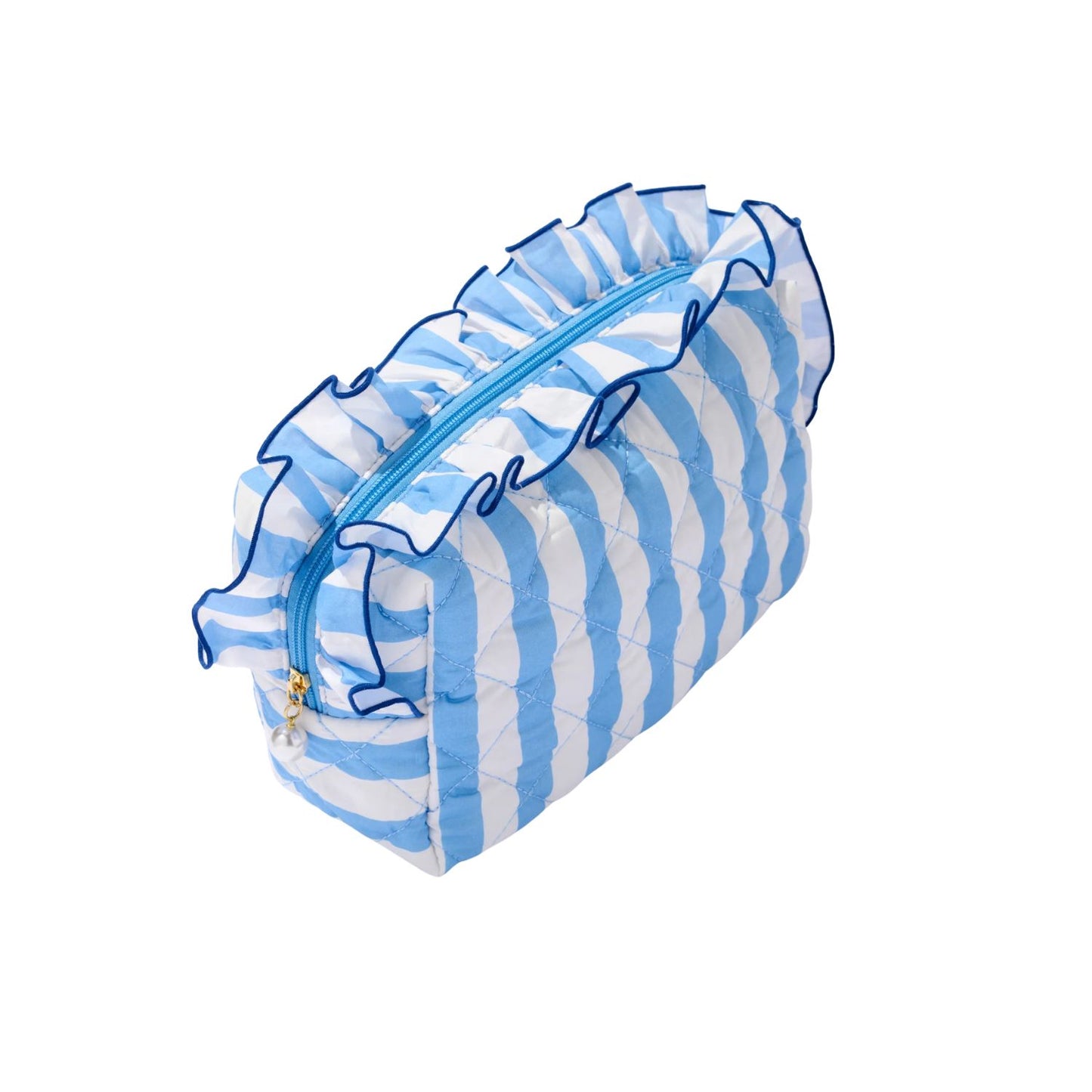 A light blue and white striped cosmetic pouch with a ruffled zipper edge, shown on a plain white background.