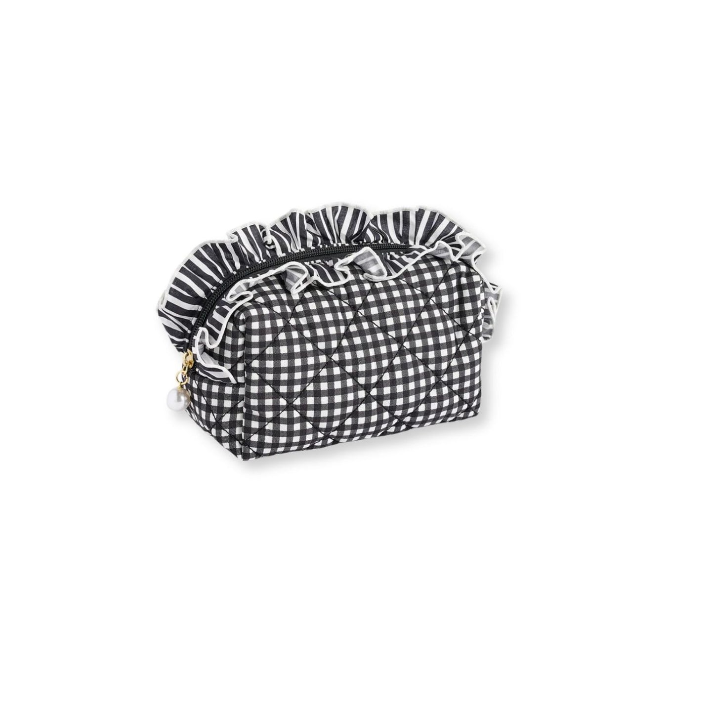 A small black and white gingham patterned cosmetic pouch with a ruffled top edge, set against a white background.