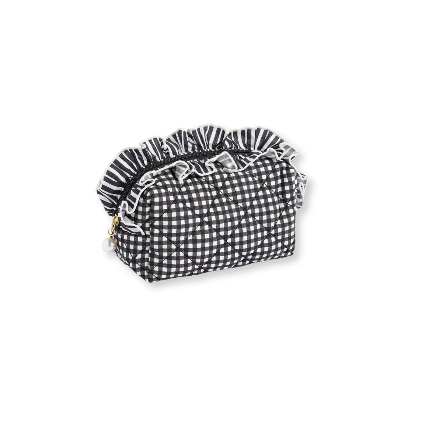 A small black and white gingham patterned cosmetic pouch with a ruffled top edge, set against a white background.