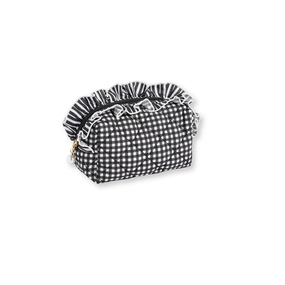 A small black and white gingham patterned cosmetic pouch with a ruffled top edge, set against a white background.