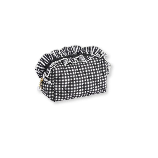 A small black and white gingham patterned cosmetic pouch with a ruffled top edge, set against a white background.
