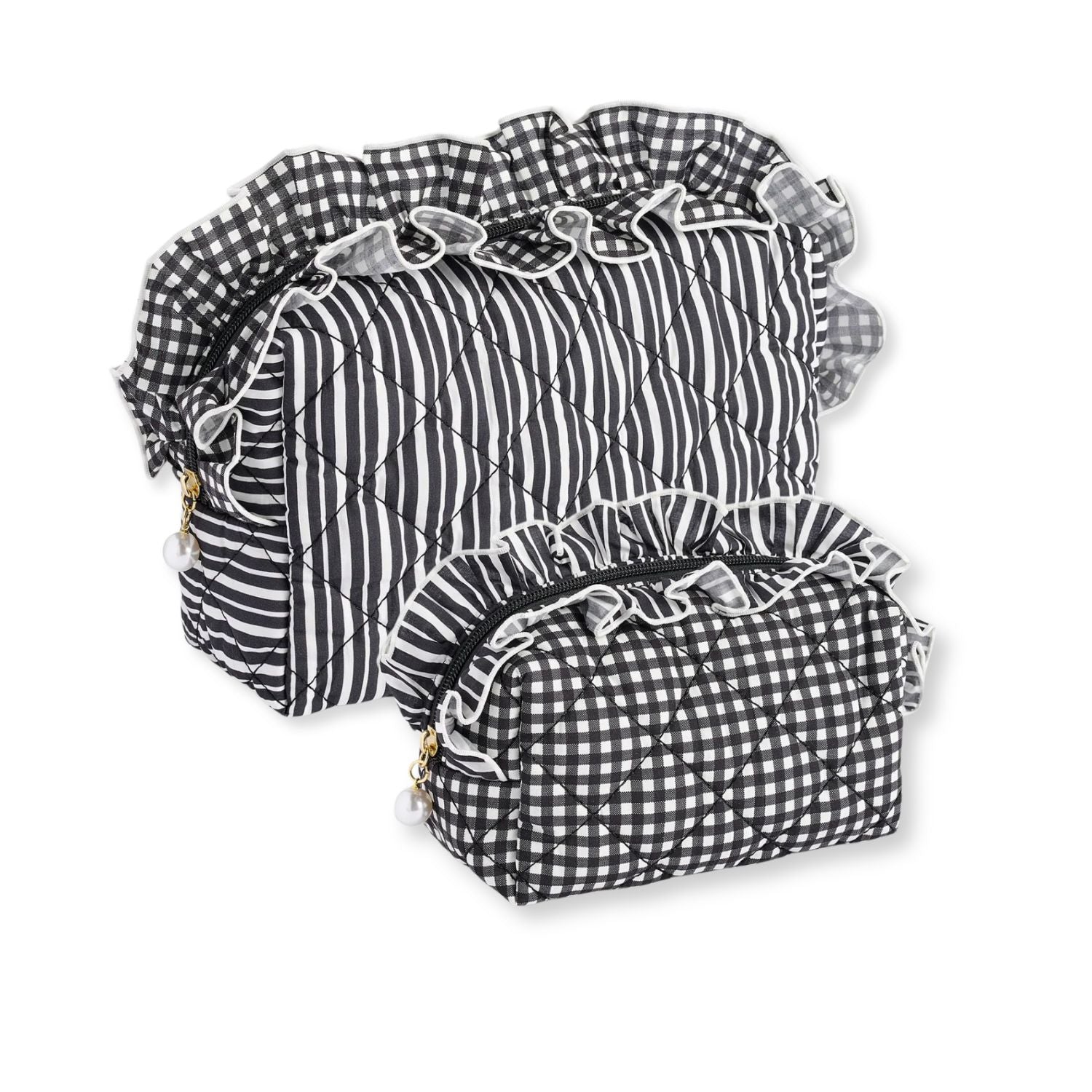 Large and a small  quilted bags in a black and white gingham and stripe pattern with ruffled trim, arranged on a white background.