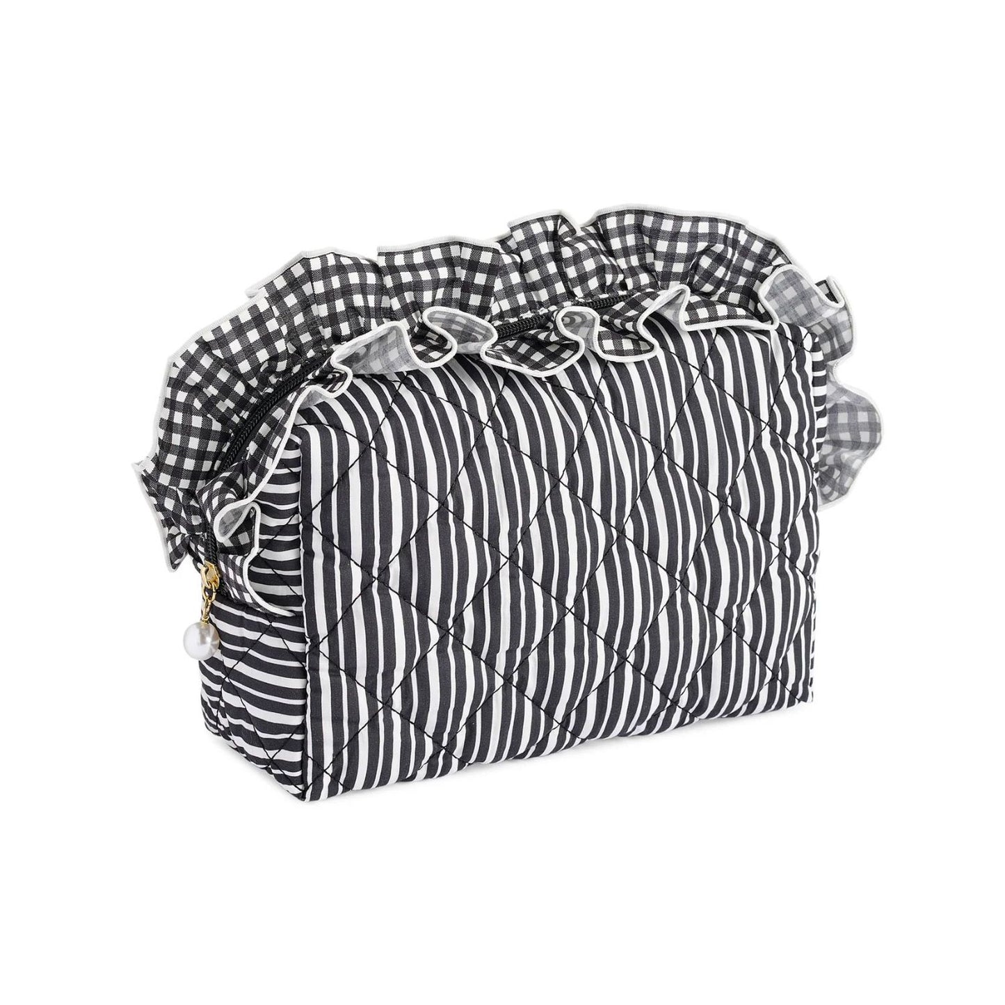 A quilted cosmetic bag with a black and white striped body, a black and white gingham ruffled trim, and a small gold zipper pull, shown on a plain white background.
