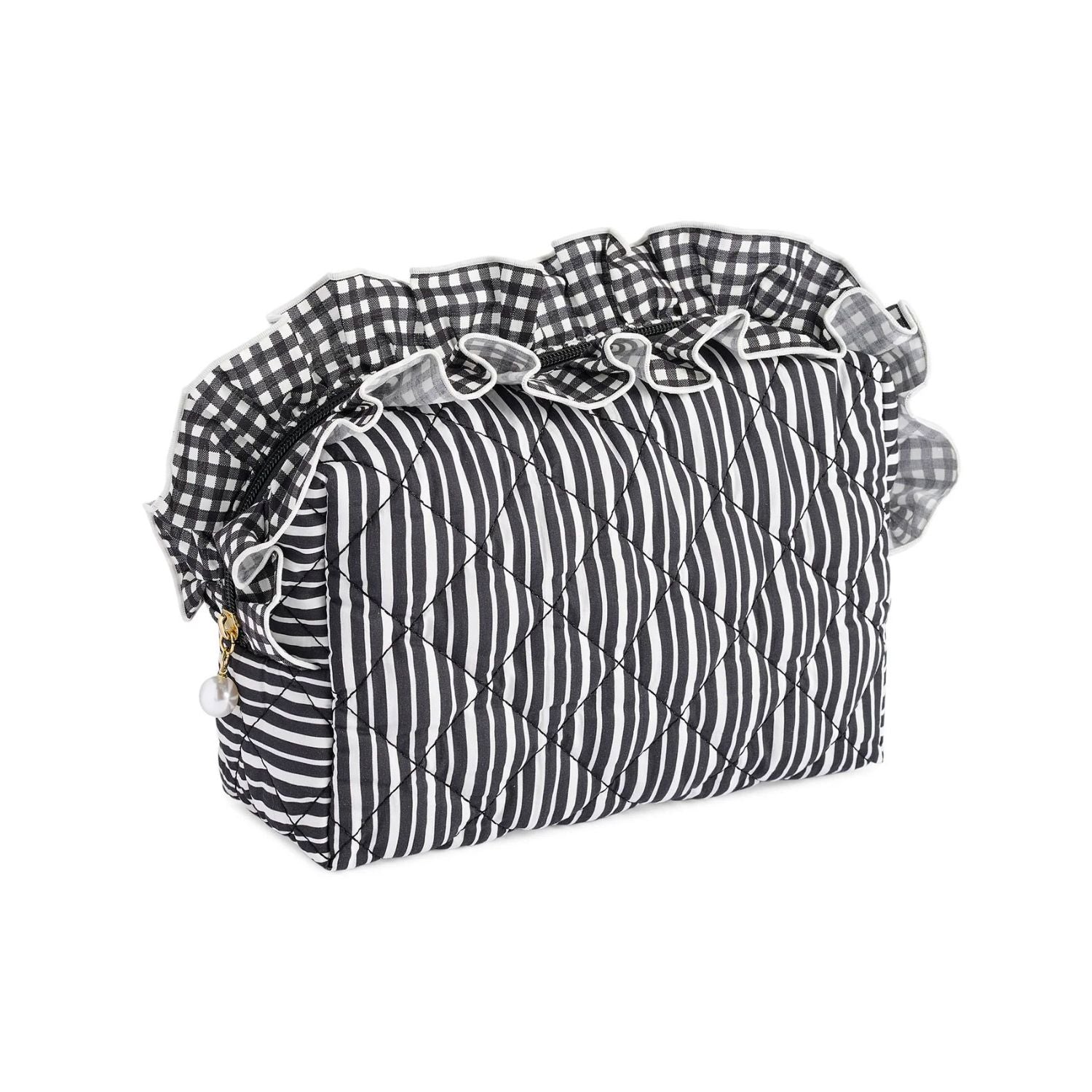 A quilted cosmetic bag with a black and white striped body, a black and white gingham ruffled trim, and a small gold zipper pull, shown on a plain white background.