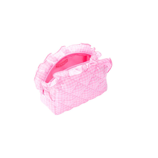 A pink and white gingham quilted cosmetic bag with ruffled trim, shown on a plain white background.