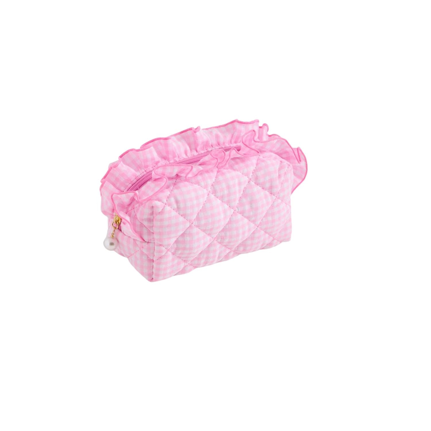 A pink quilted cosmetic pouch with a gingham pattern, featuring a ruffled top trim and a small pearl charm with a gold ring, shown on a plain white background.