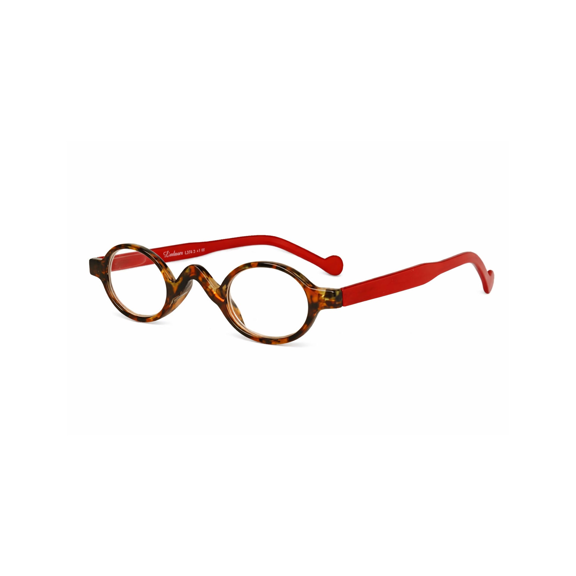 Small eyeglasses with red arms and tortoiseshell frame on a white background