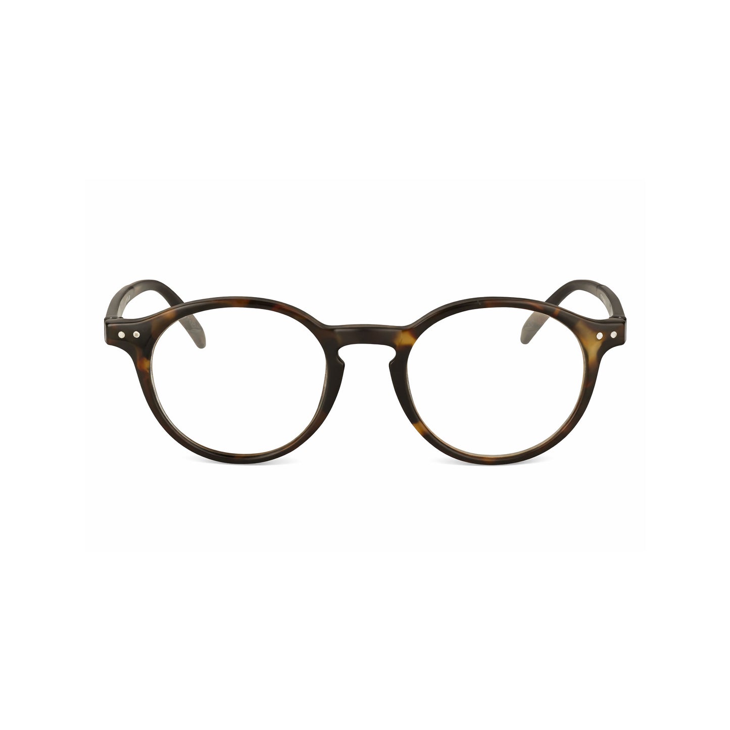 Round tortoiseshell eyeglasses on a white background
