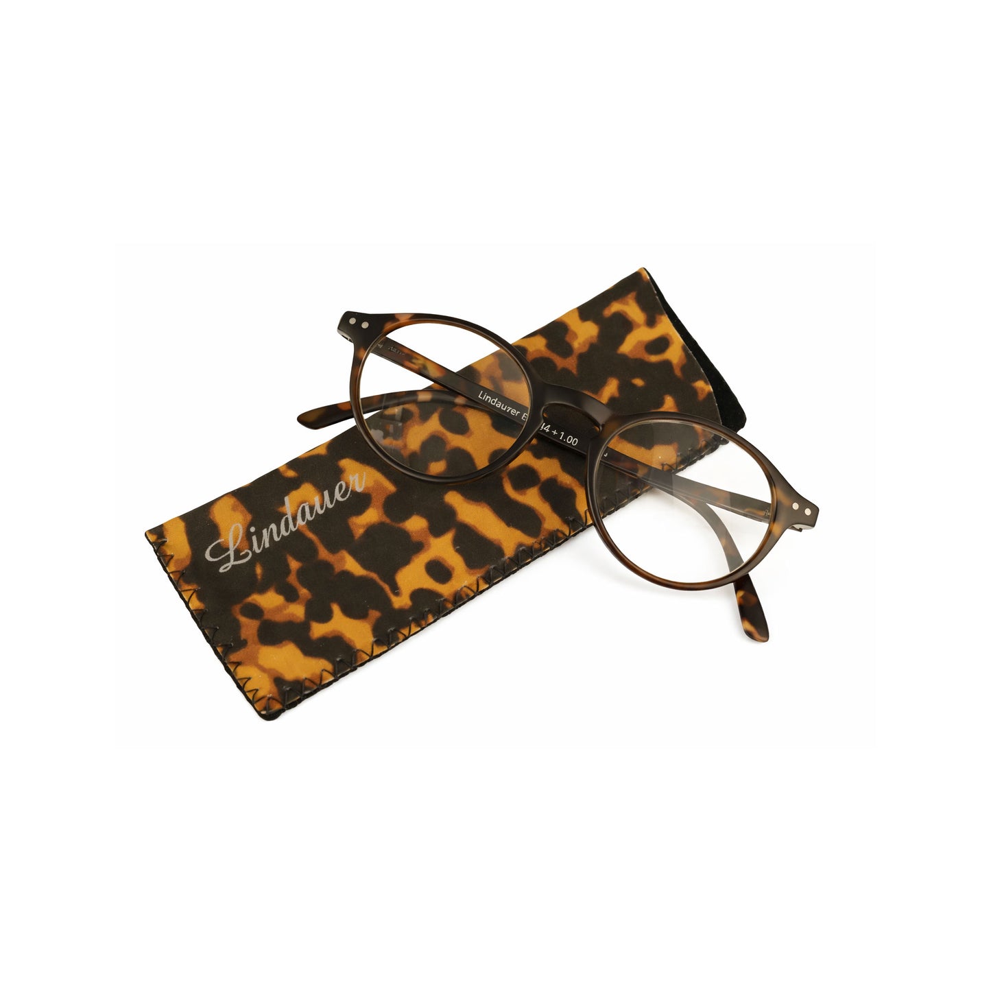Leopard print eyeglass case with reading glasses on a white background