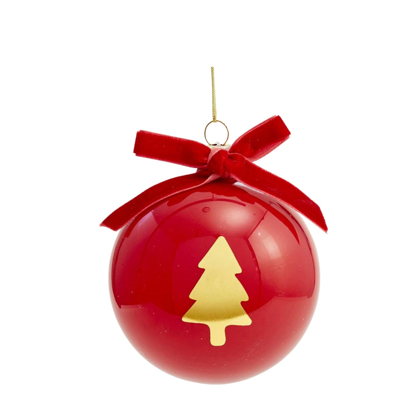 Glossy red glass Christmas ornament with gold Christmas tree, finished with red velvet bows.