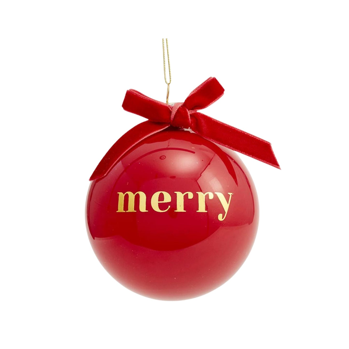 Glossy red glass Christmas ornament with gold Merry lettering, finished with red velvet bows.