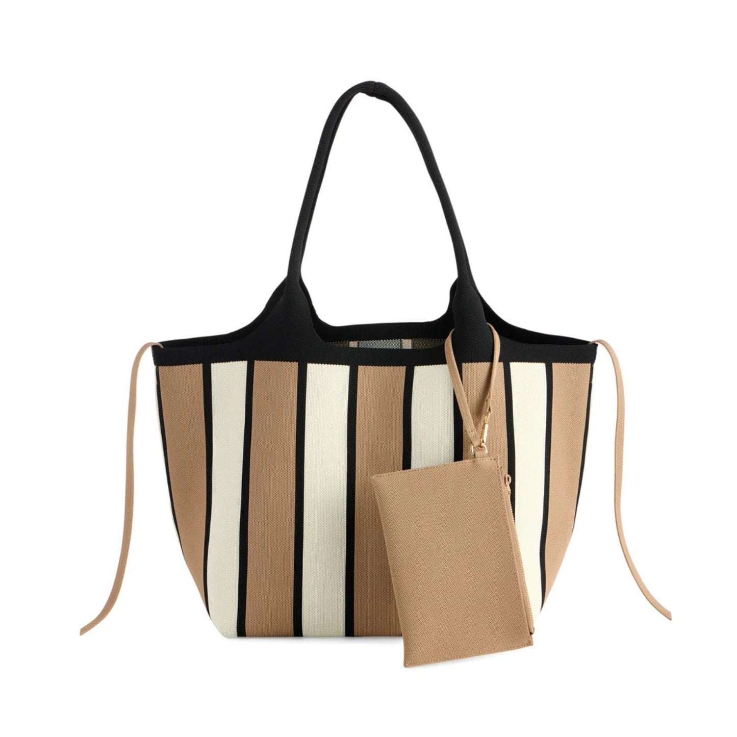 A striped tote bag with black handles and trim, featuring vertical stripes in beige, cream, and black, accompanied by a matching beige zippered pouch.