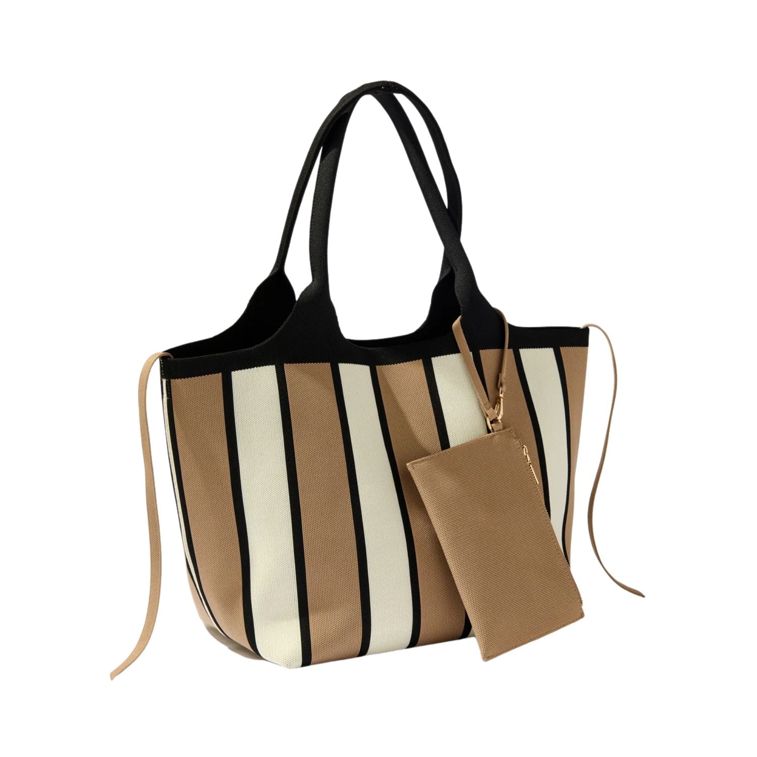 A striped tote bag with vertical beige, cream, and black stripes, featuring black shoulder straps and a matching beige zippered pouch with a gold-tone clasp, set against a plain white background.
