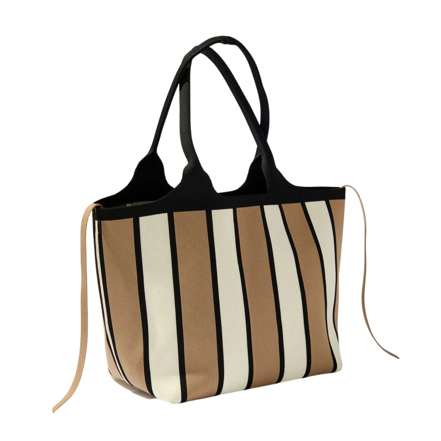 A vertical striped tote bag with black, beige, and off-white stripes, featuring black shoulder straps and tan drawstring ties, shown on a plain white background.