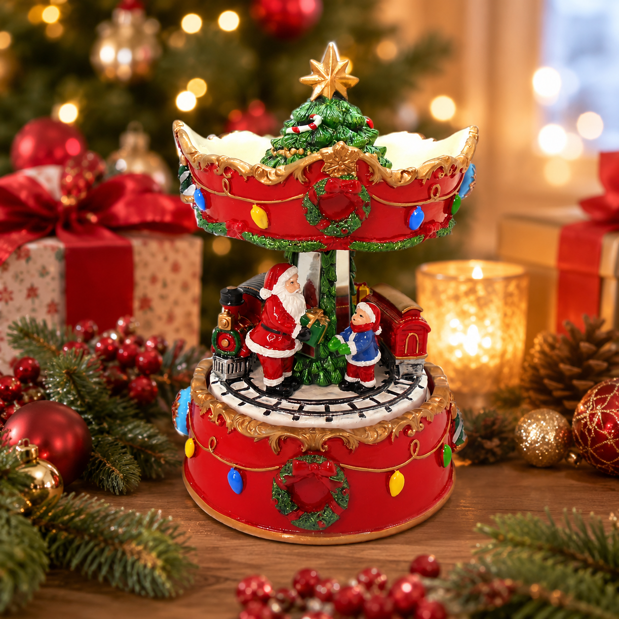 A festive Christmas-themed miniature carousel decoration displayed on a wooden surface with holiday greenery, ornaments, wrapped gifts, and warm blurred lights in the background.