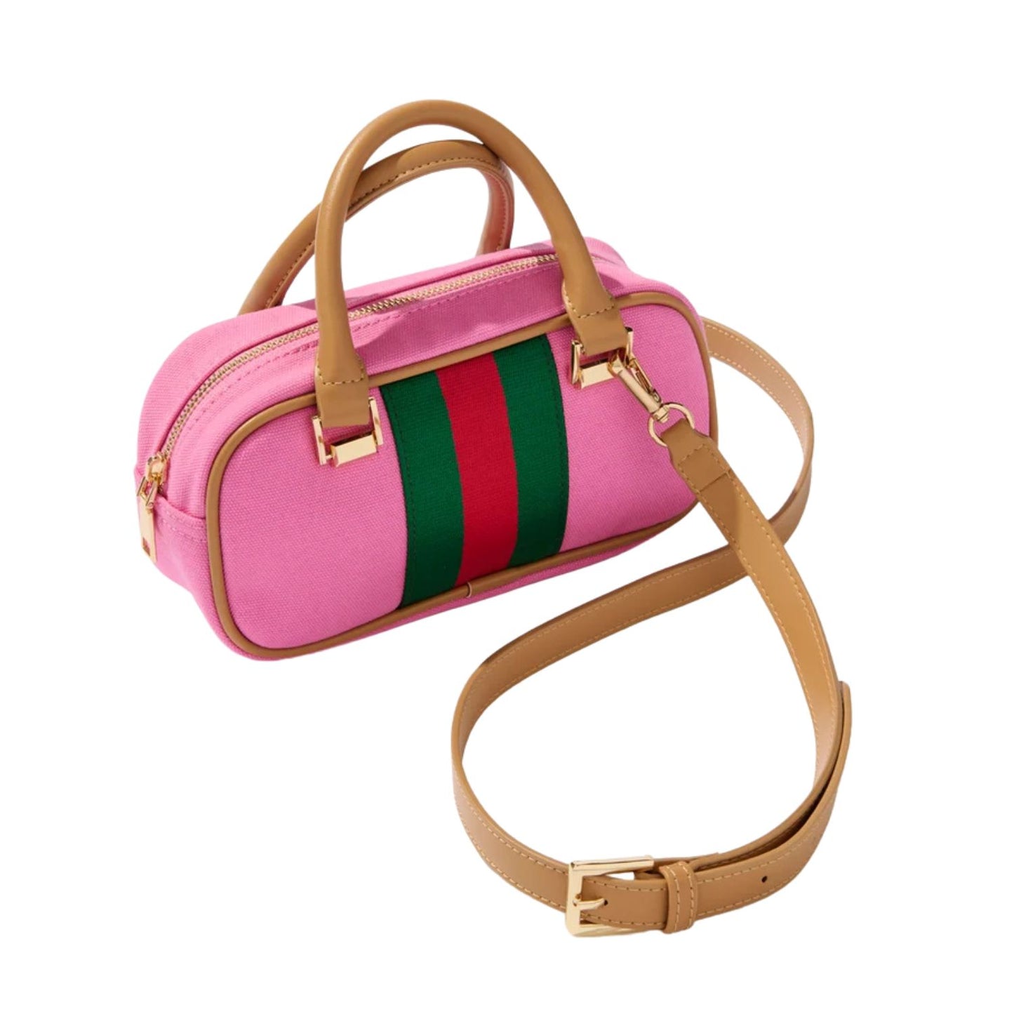 A pink cylindrical shoulder bag with a green and red web stripe on the front, tan leather handles and strap, and gold-tone hardware, shown on a plain white background.