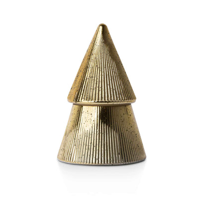 Gold textured christmas-tree-shaped candle on a white background