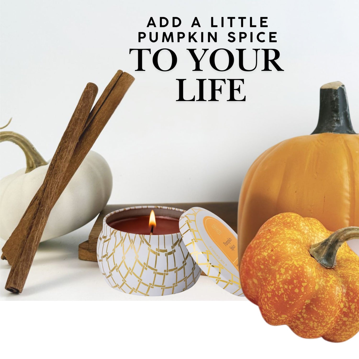 A scented pumpkin-Spice candle in a decorative tin box
