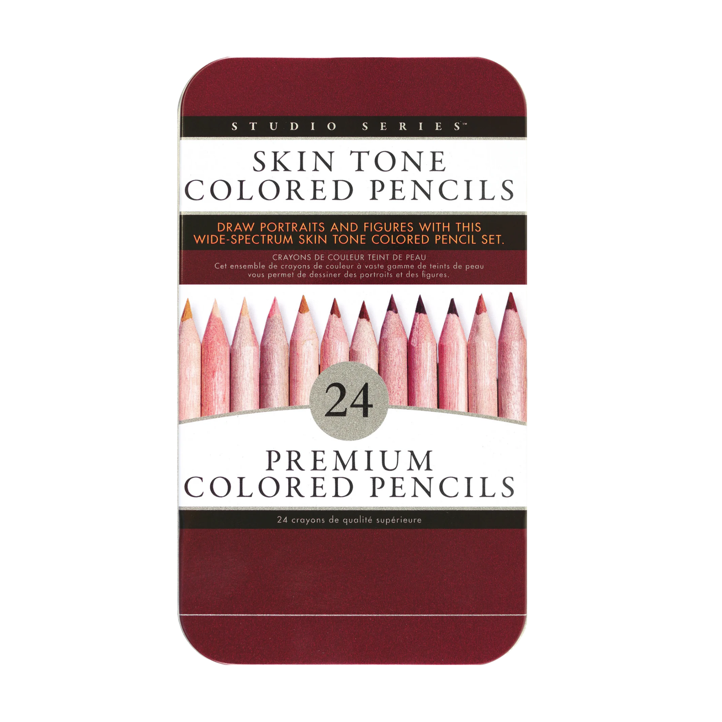 Pack of 24 skin tone colored pencils with a maroon tin on a white background