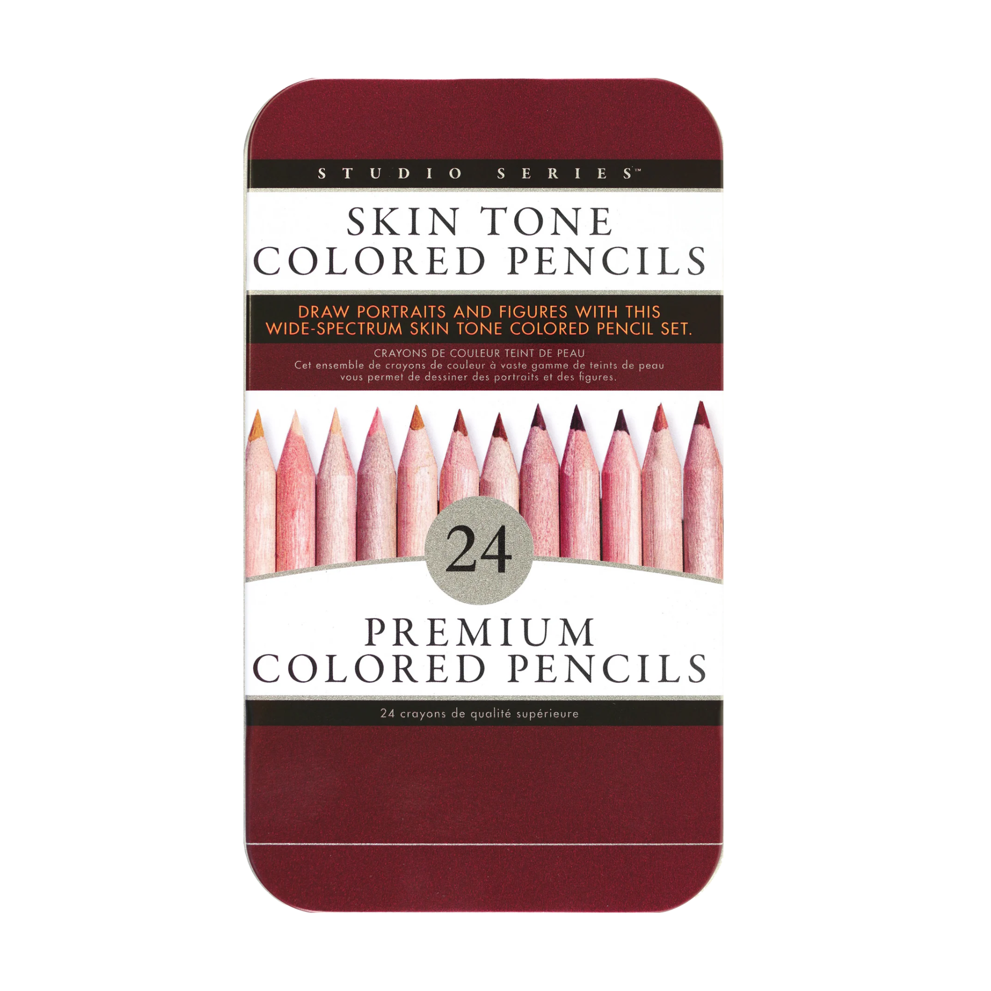 Pack of 24 skin tone colored pencils with a maroon tin on a white background