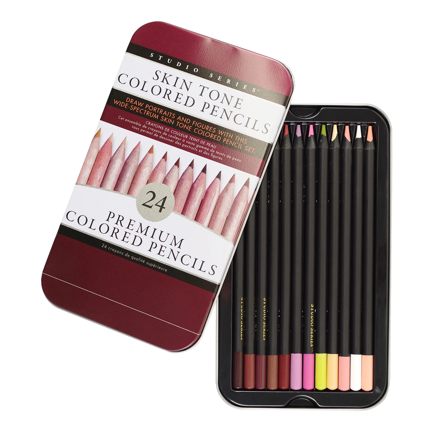 Set of 24 skin tone colored pencils in a tin with a visible color swatch on a white background.