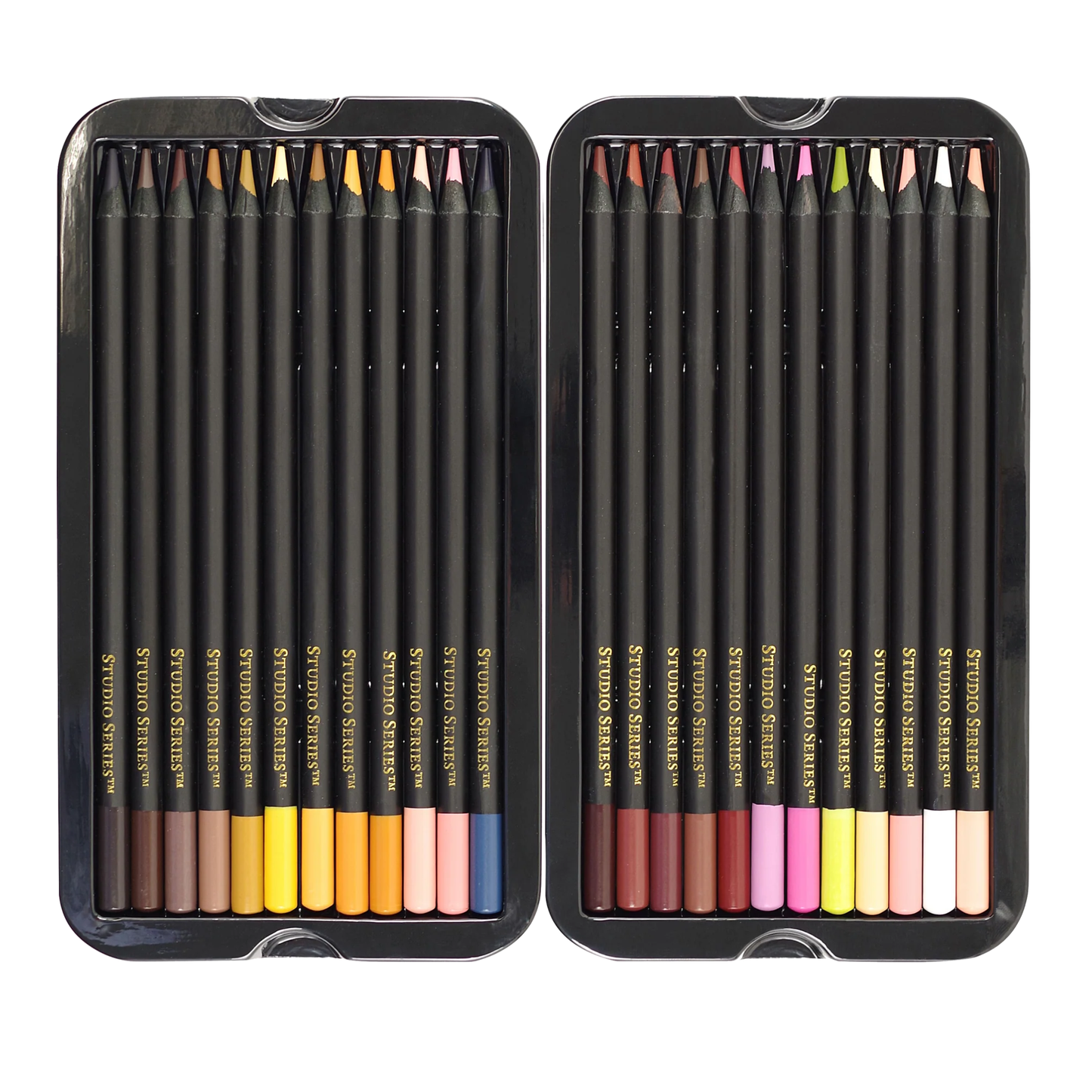 Set of colored pencils in a black metal case on a white background
