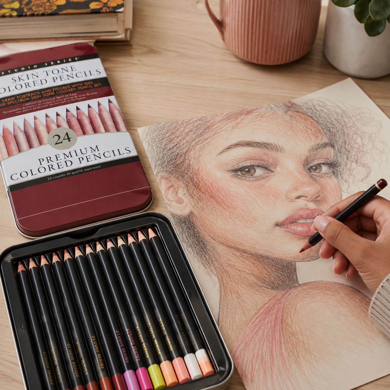 Set of colored pencils with a drawing of a woman's face on paper, on a wooden table.