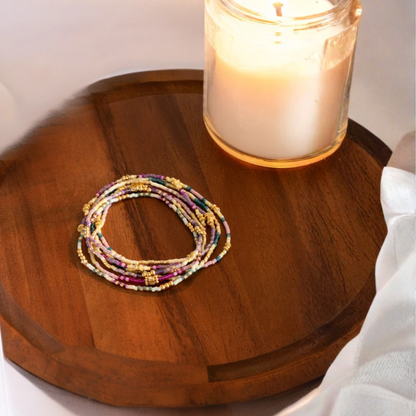 Set of 7  Miyuki Beaded Stretch  Bracelets (Aqua/Purple)