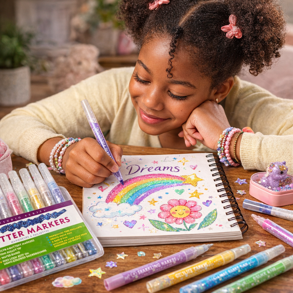 Girl coloring a rainbow and flower in a notebook with colorful glitter markers on a wooden table.
