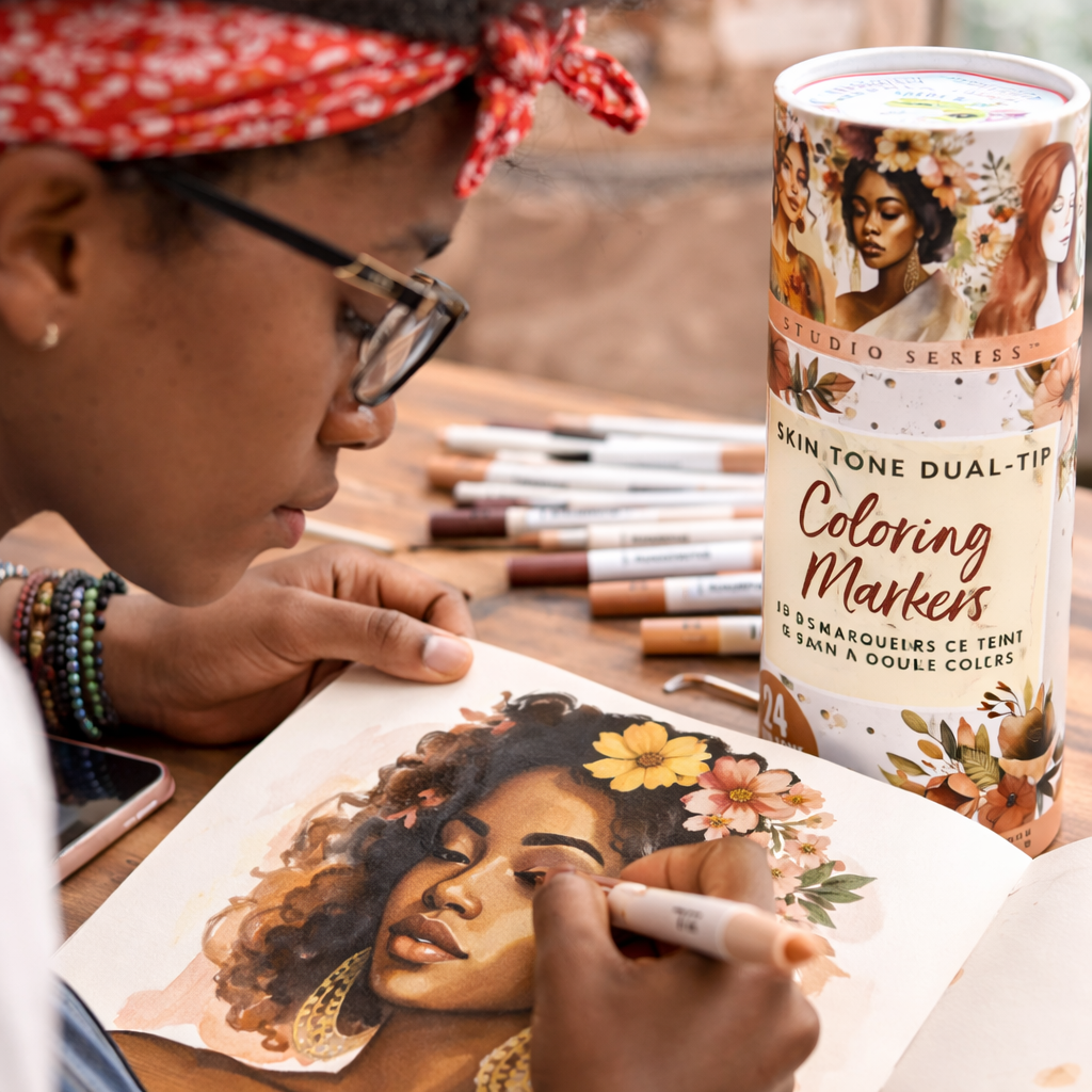 Young Student  coloring a portrait of a woman with skin tone dual-tip coloring markers.