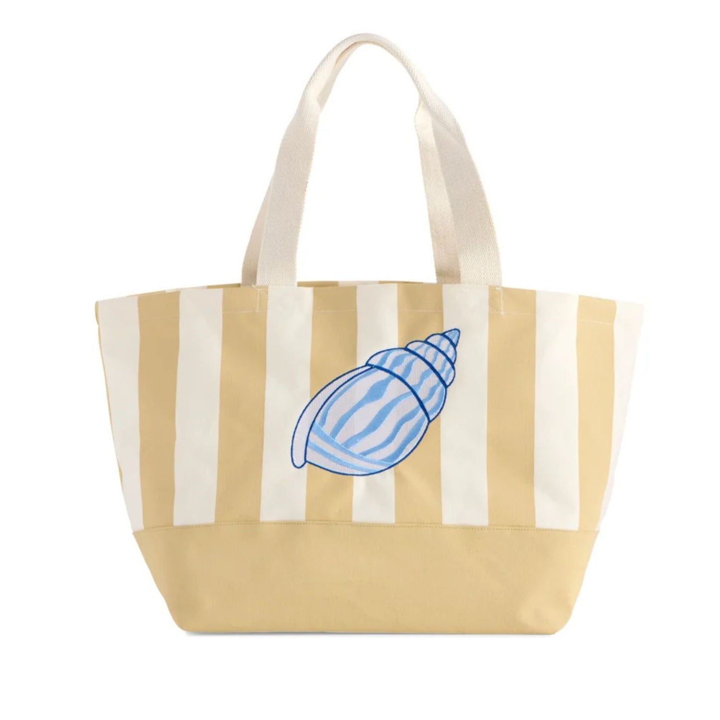 A striped beach tote bag with cream and beige vertical stripes, a solid beige bottom panel, and a blue seashell graphic on the front, set against a plain white background.
