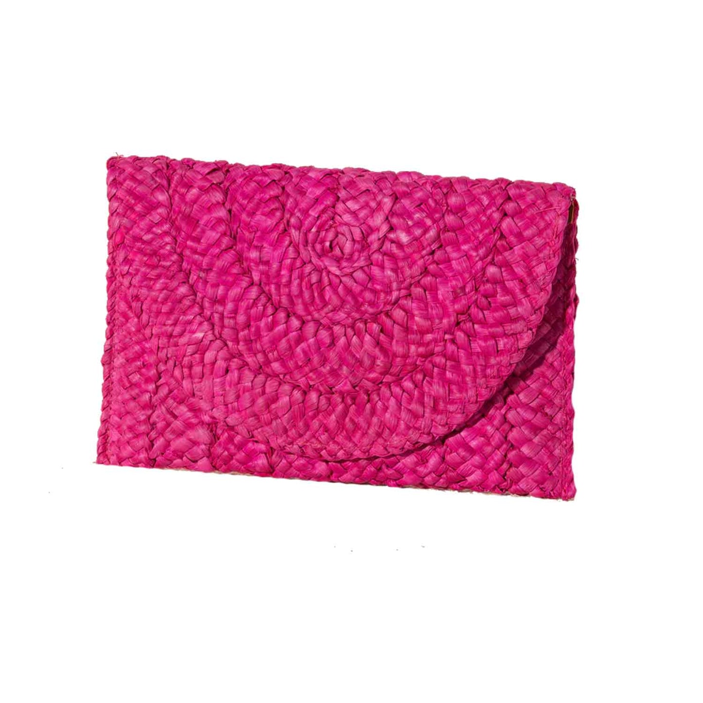 Pink textured clutch bag on a white background