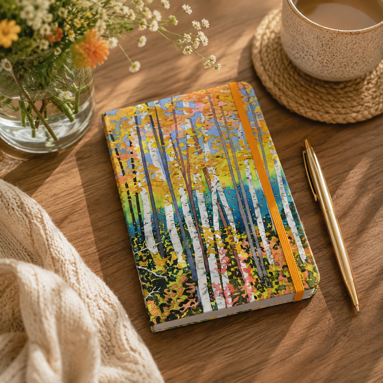 Notebook with a colorful forest design on a wooden table with a cup, flowers, and pen.