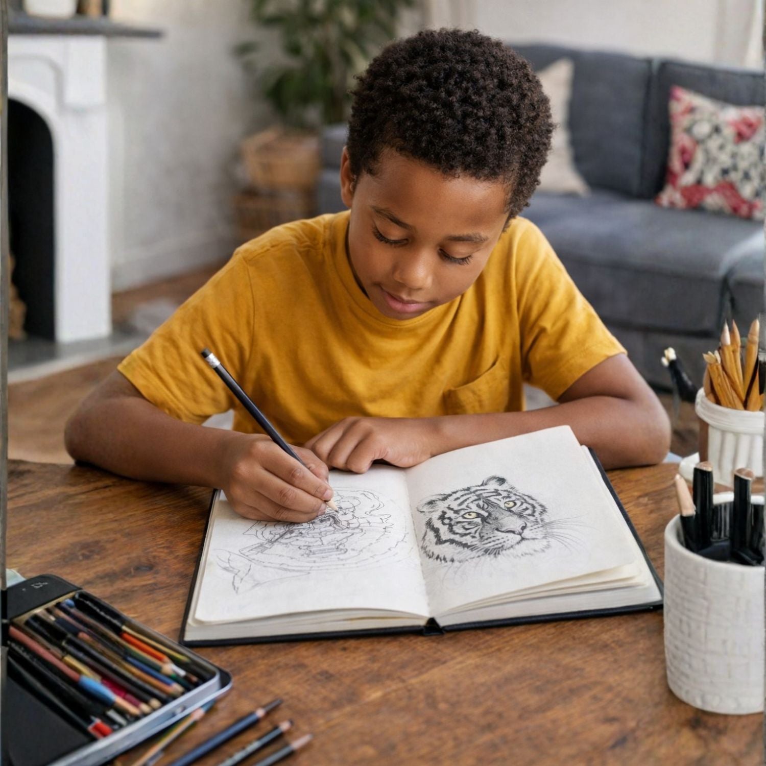 Young Boy drawing a tiger in a book with art supplies on a table.
