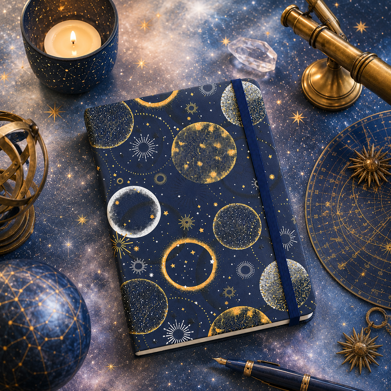 Journal Cosmos with celestial design on a table with starry background, candle, and telescope.