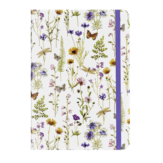 Notebook with floral and butterfly design on a white background