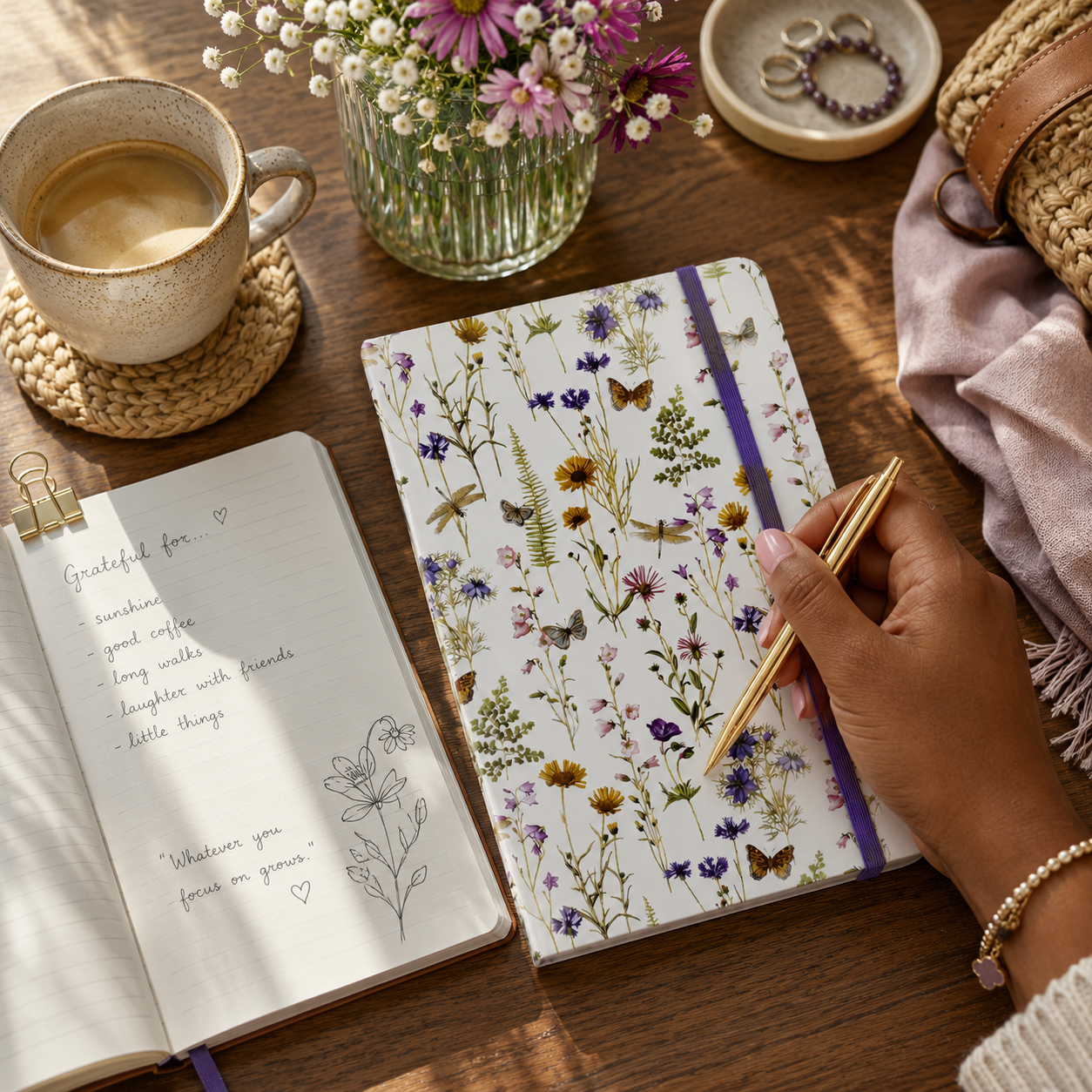 Open small wildflower Garden Journal with floral design, cup of coffee, and flowers on a wooden table.