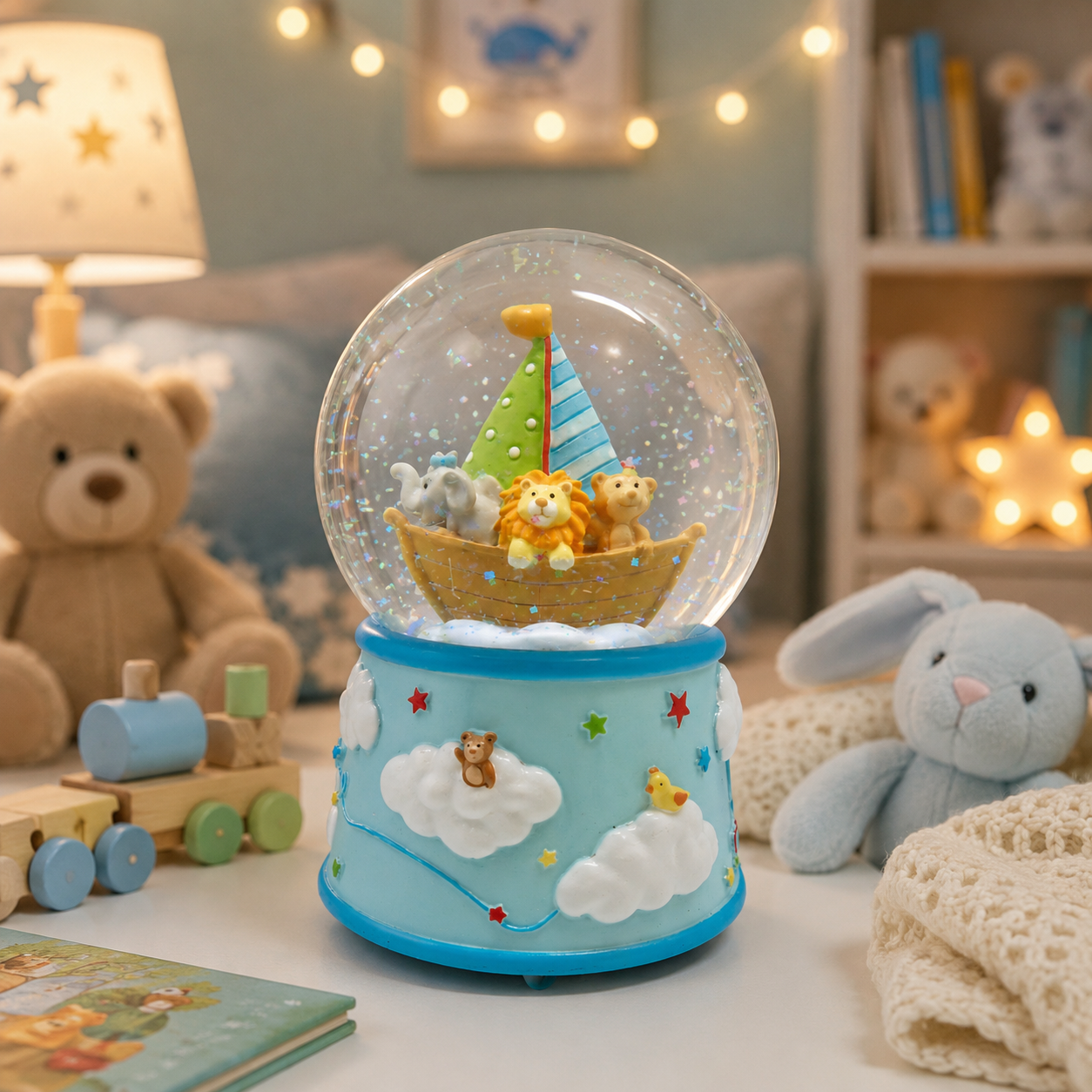 A decorative children's snow globe music box sits on a tabletop in a cozy nursery or playroom setting. The clear globe contains tiny animal figures in a boat with glitter, mounted on a light blue base decorated with clouds, stars, and a small monkey.
