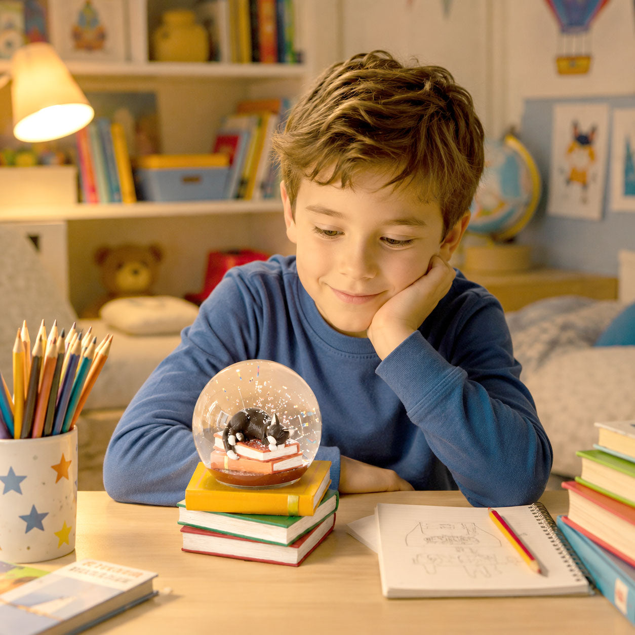 A young boy with light brown hair sits at a wooden desk in a warmly lit children's room, resting his head on his hand and looking down at a small snow globe resting on a stack of colorful books. The desk is cluttered with school supplies, including a cup of colored pencils, a notebook, and other books.