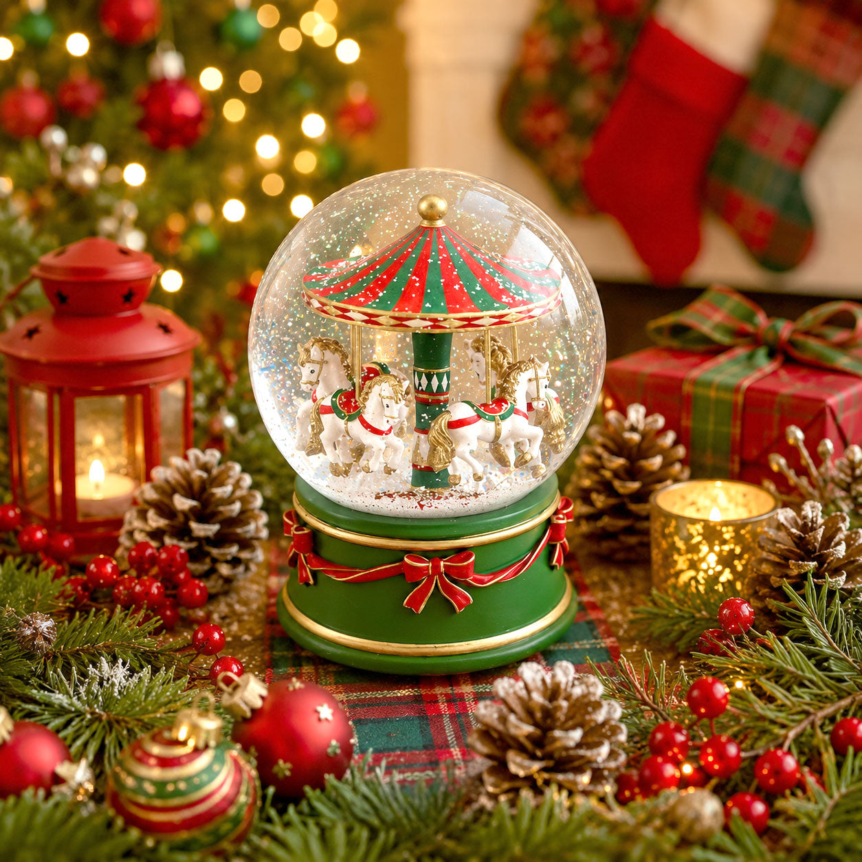 A festive Christmas-themed snow globe featuring a miniature carousel inside a clear sphere on a green and red base, surrounded by holiday decorations including pinecones, red berries, a red lantern, wrapped gifts, and stockings in the background.