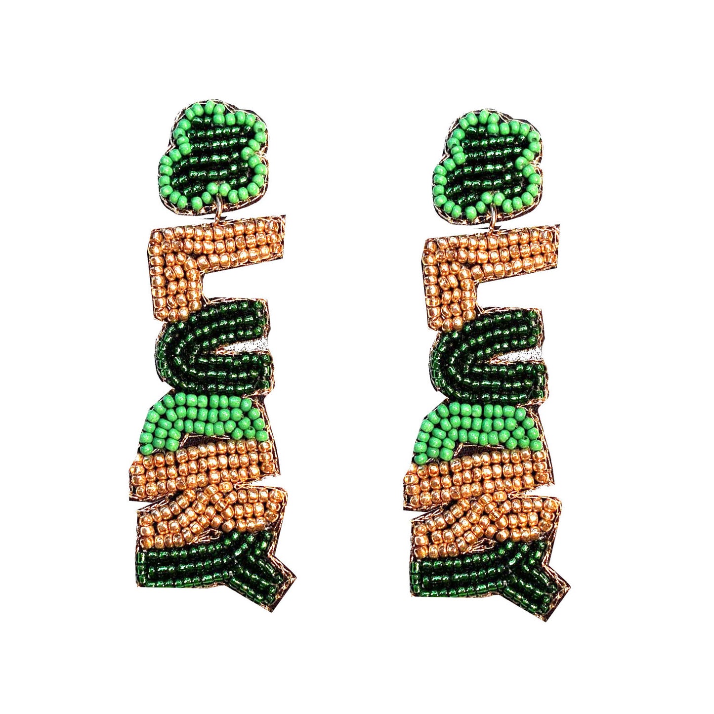 Pair of green and orange beaded earrings on a white background