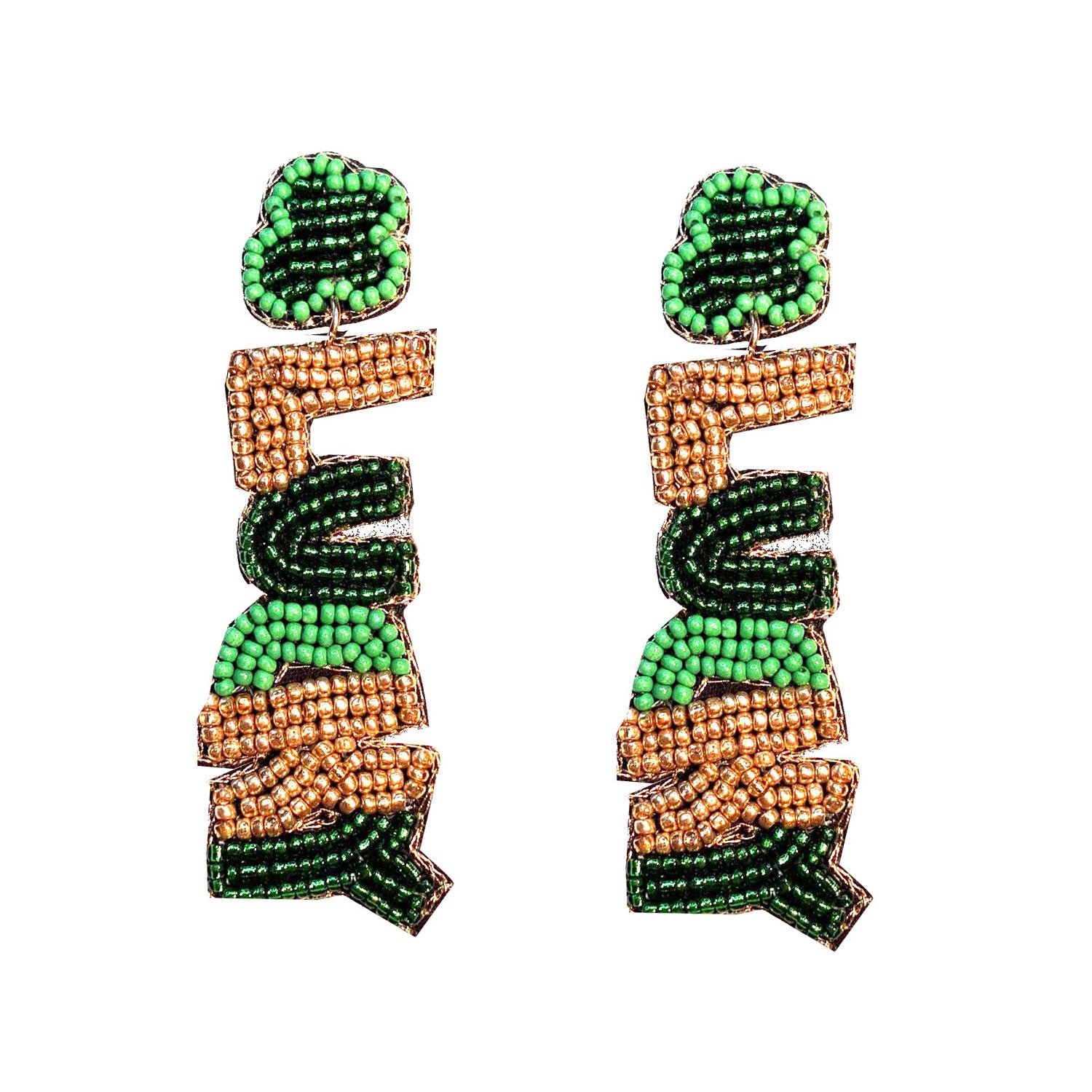 Pair of green and orange beaded earrings on a white background