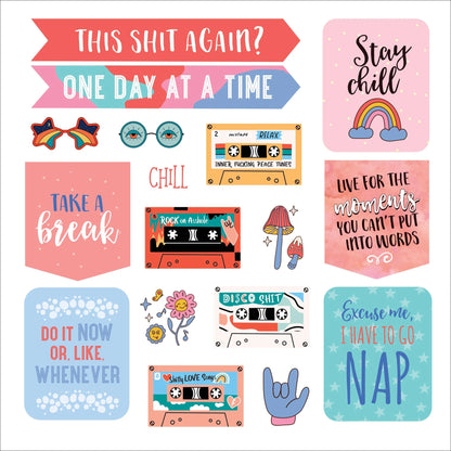 Collection of colorful stickers with motivational phrases and graphics on a white background