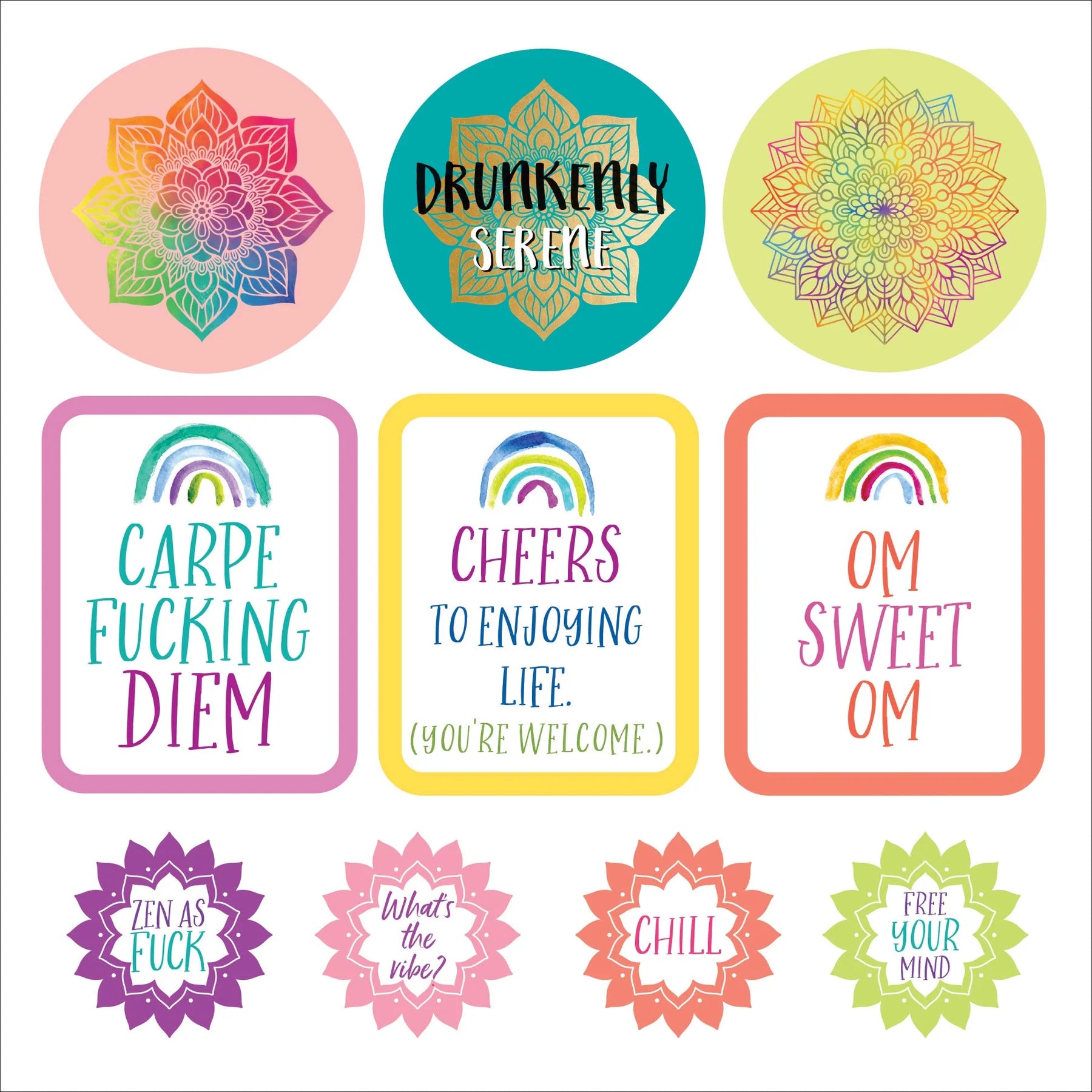 Collection of colorful stickers with various designs and text on a white background