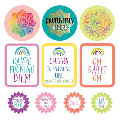 Collection of colorful stickers with various designs and text on a white background